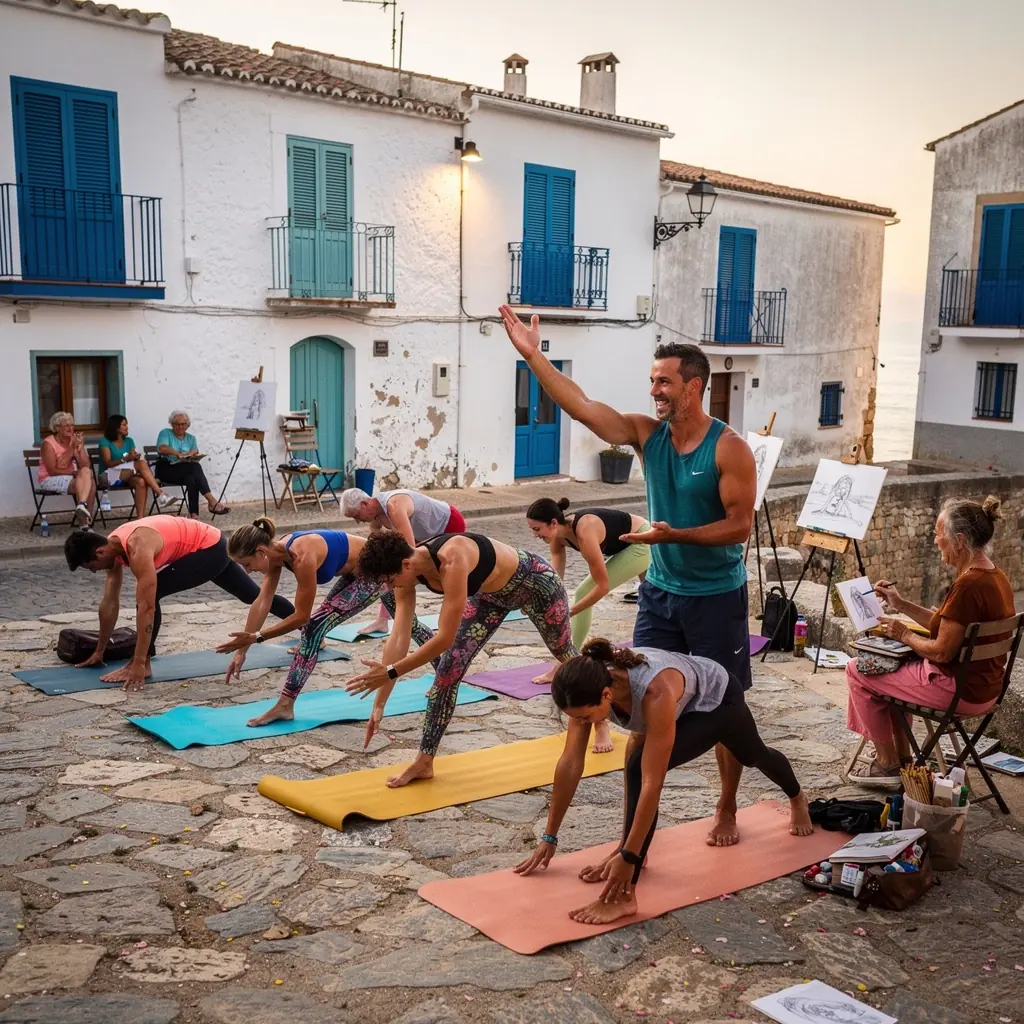 Un grupo de personas practicando secuencias de yoga en un parque, disfrutando de la luz del sol y la conexión con el entorno.