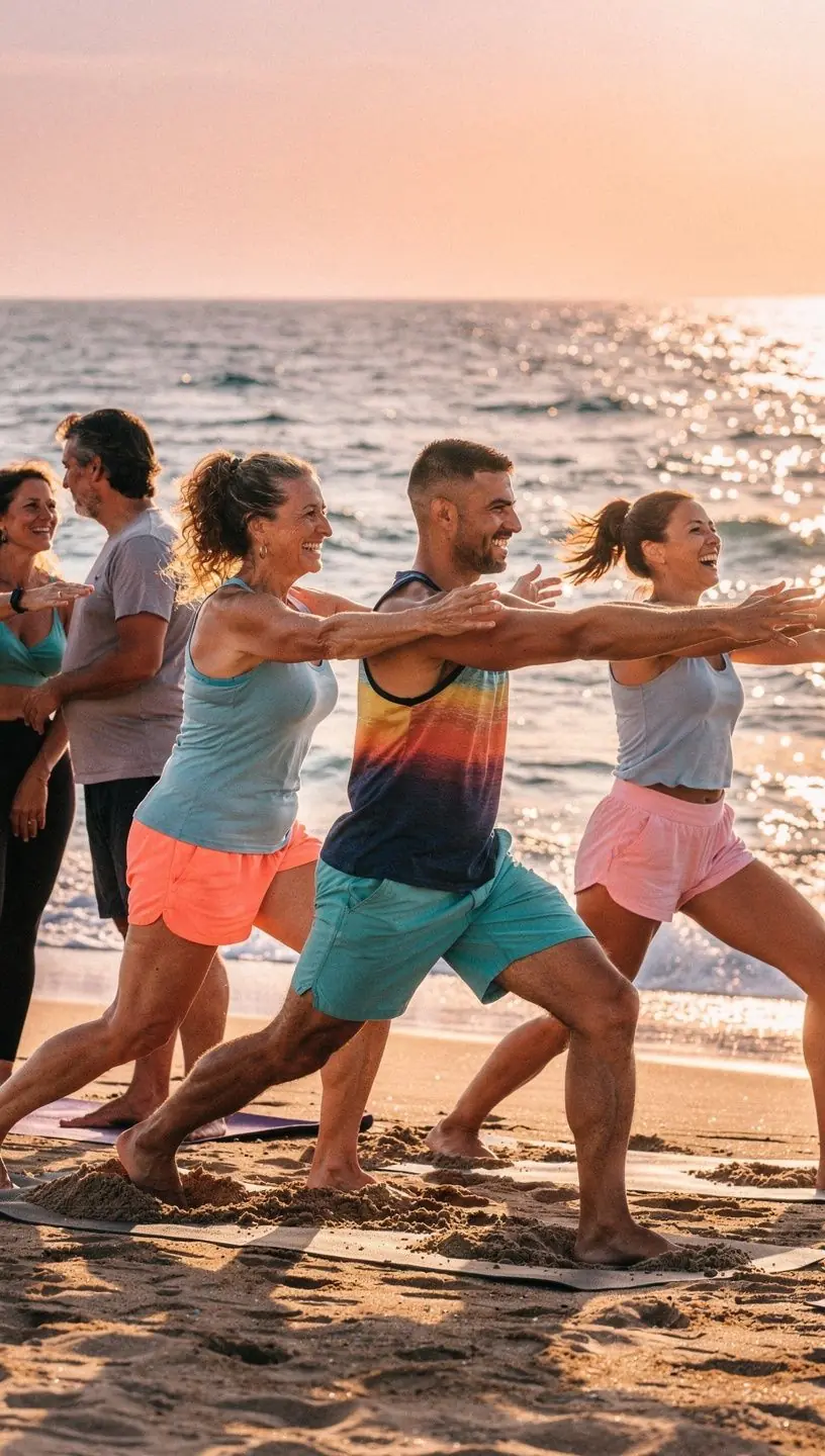Un grupo de personas practicando secuencias de yoga en un parque, disfrutando de la luz del sol y la conexión con el entorno.