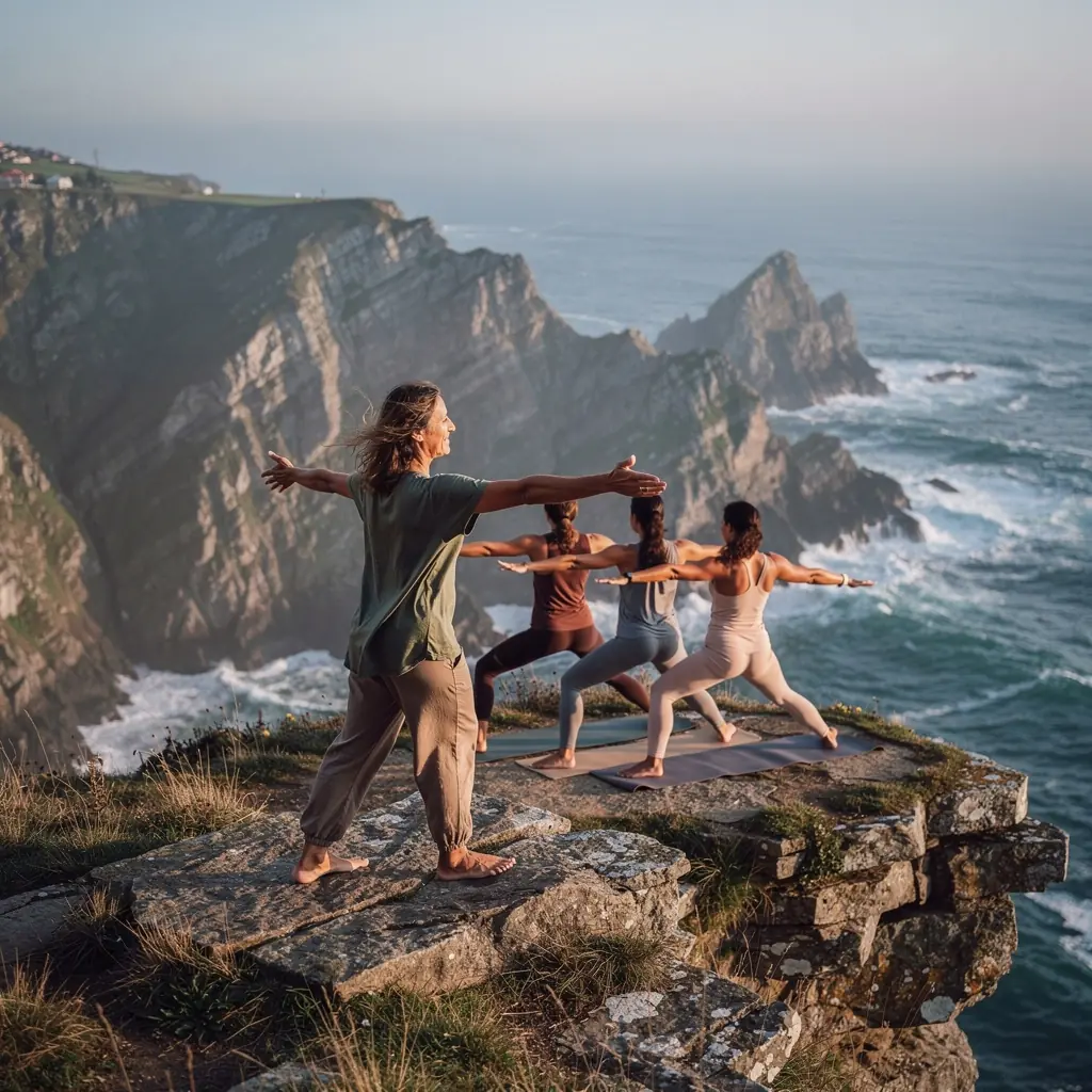 Un grupo de personas practicando secuencias de yoga en un parque, disfrutando de la luz del sol y la conexión con el entorno.