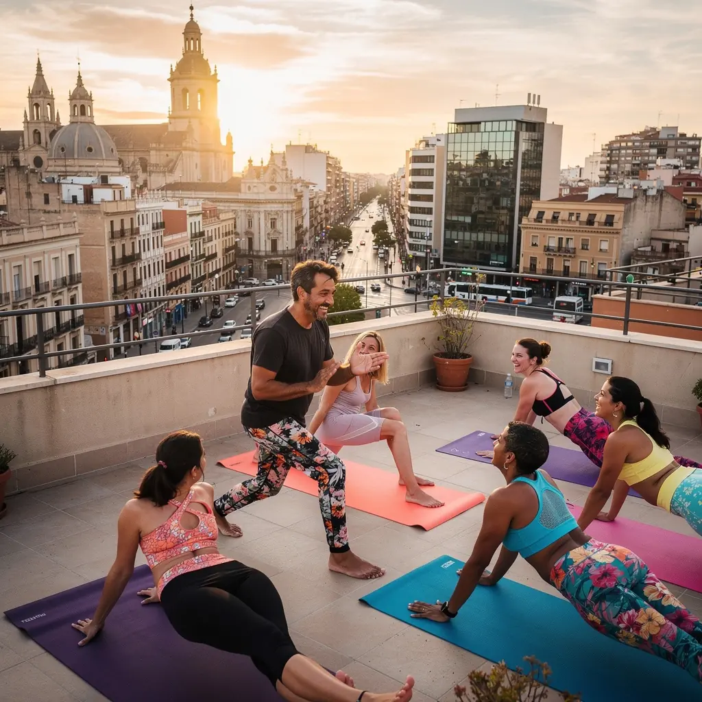 Un grupo de personas practicando secuencias de yoga en un parque, disfrutando de la luz del sol y la conexión con el entorno.