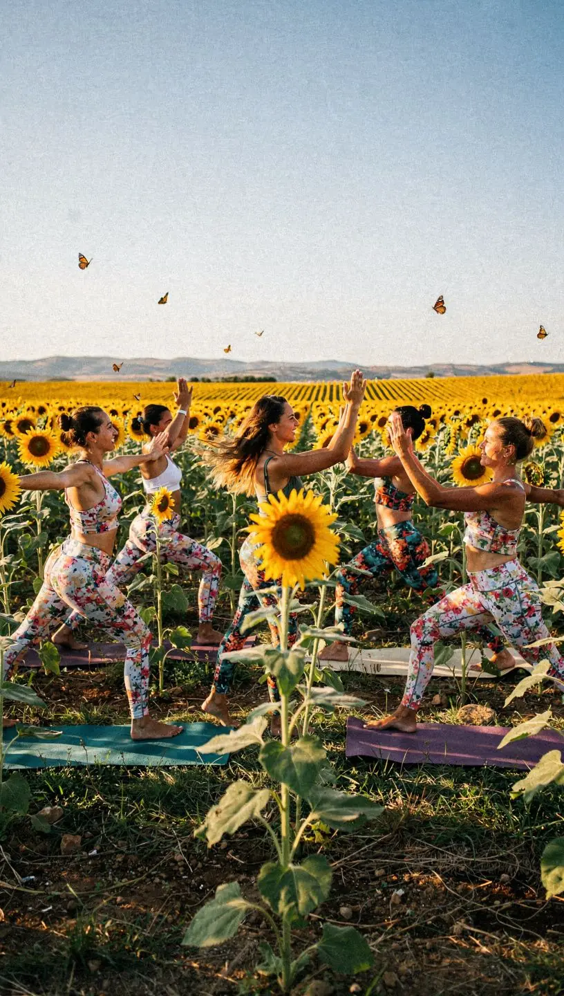 Un grupo de personas practicando secuencias de yoga en un parque, disfrutando de la luz del sol y la conexión con el entorno.