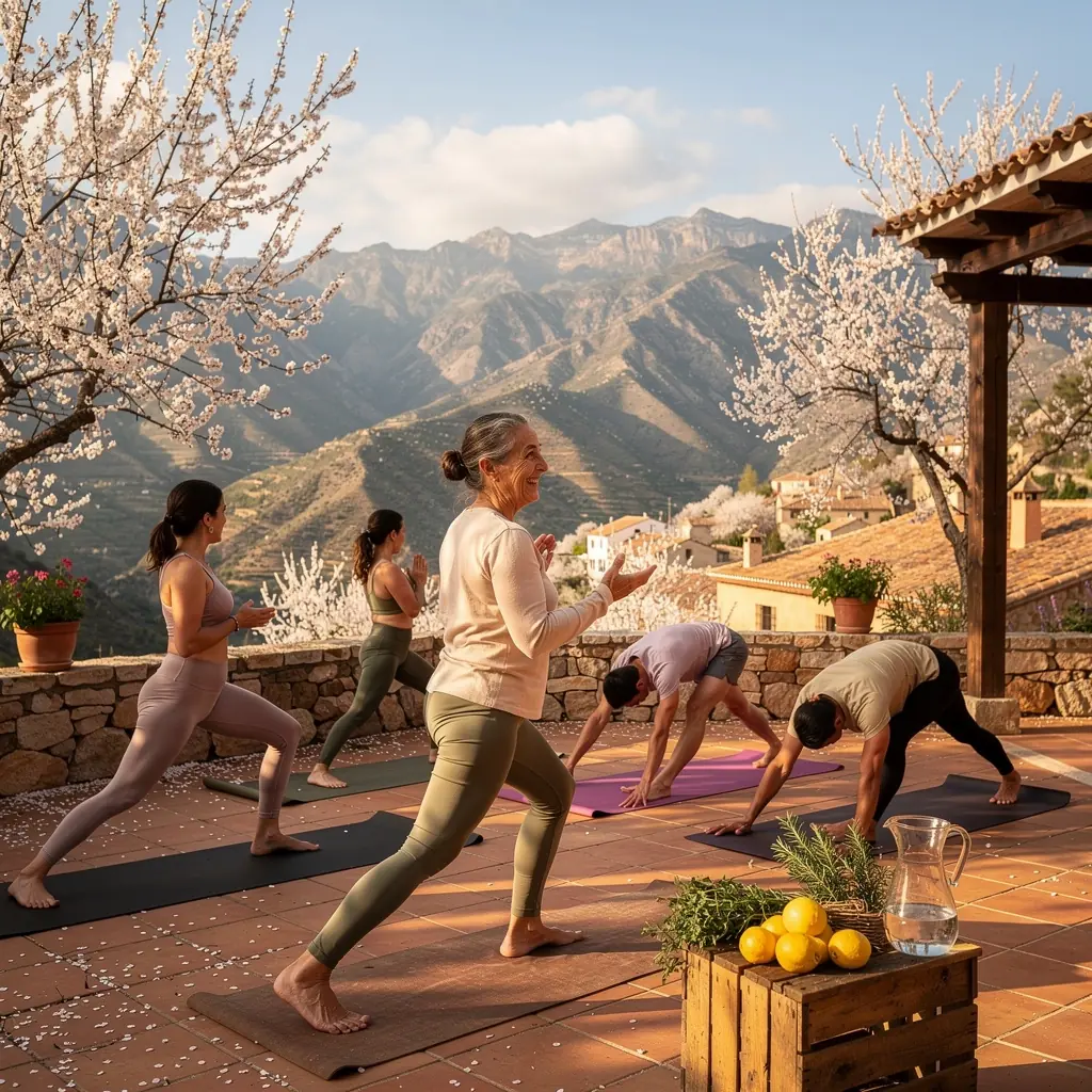 Un grupo de personas practicando secuencias de yoga en un parque, disfrutando de la luz del sol y la conexión con el entorno.