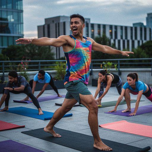 Instructor de yoga guiando una secuencia de estiramientos energizantes en la playa.