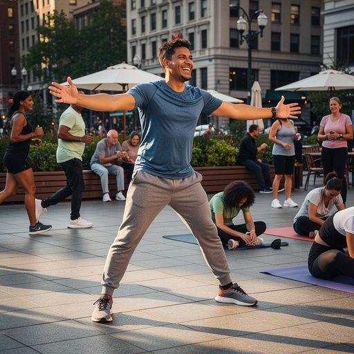 Hombre realizando una postura de equilibrio en un parque, enfatizando la vitalidad.
