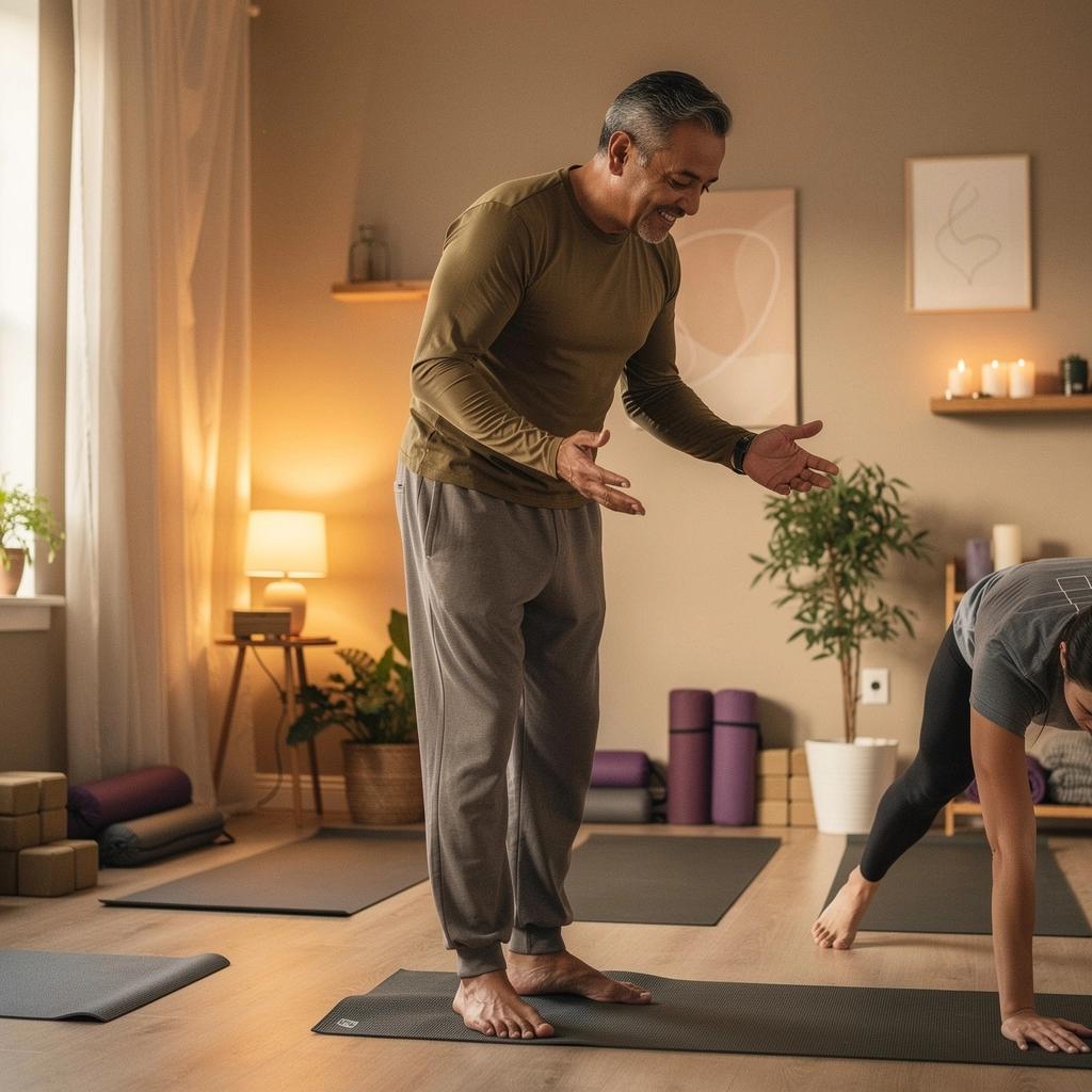 Elementos naturales como piedras y plantas decorando un espacio de práctica de yoga.